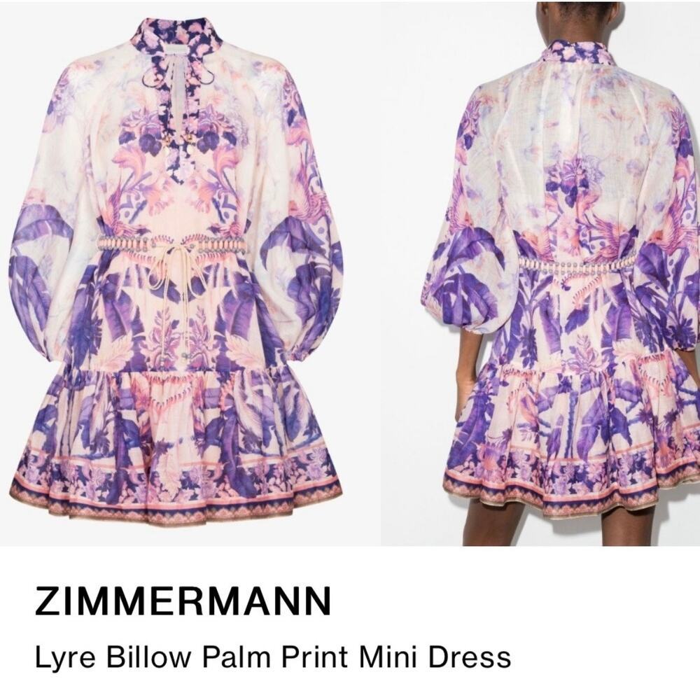 ZIMMERMANN Purple Palm Lyre Billow Mini Dress Size 0 / US Small - Picture 2 of 16